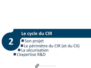 Le cycle du CIR
Le périmètre du CIR (et du CII)
La sécurisation
L’expertise R&D
2 Son projet
 
