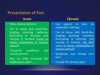 Presentation of Pain
Acute

Chronic
•

•

Often obvious distress

•

Can be sharp, dull, shock-like,
tingling, shooting, radiation,
fluctuating in intensity, and
varying in location (occur in
timely relationship to noxious
stimuli)

•
•

Comorbid
conditions
usually present

Can appear to have
noticeable suffering

•

Can be sharp, dull, shock-like,
tingling, shooting, radiation,
fluctuating in intensity, and
varying in location (do NOT
occur in timely relationship to
noxious stimuli)

•

Symptoms may change over
time

•

Usually NO obvious signs

not

May see HTN, increased HR,
diaphoresis, pallor…

no

 