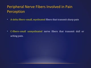 Peripheral Nerve Fibers Involved in Pain
Perception
•

A-delta fibers–small, myelinated fibers that transmit sharp pain

•

C-fibers–small unmyelinated nerve fibers that transmit dull or
aching pain.

 