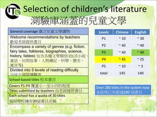 Selection of children’s literature
測驗庫涵蓋的兒童文學
General coverage 廣泛兒童文學讀物
Welcome recommendations by teachers
歡迎老師提供書目
Encompass a variety of genres (e.g. fiction,
fairy tales, folklores, biographies, science,
history, fables) 包含各種文學類別 (包活小說、
童話、民間故事、人物傳記、科學、歷史、
寓言等)
Divided into 5 levels of reading difficulty
分成五個閱讀難度
School-based titles 校本書目
Covers P1-P4 覆蓋小一至小四的程度
Titles submitted by teachers 由老師提供書目
Each school has a quota of 30 titles
毎間學校擁有30項書目名額
Levels Chinese English
P1 ~ 10 ~ 30
P2 ~ 40 ~ 40
P3 ~ 40 ~ 40
P4 ~ 45 ~ 25
P5 ~ 10 ~ 3
total 145 140
Over 280 titles in the system now
系統現已有超過280 項書目
 