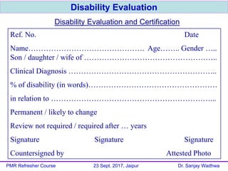 Ref. No. Date
Name………………………………………. Age…….. Gender …..
Son / daughter / wife of ……………………………………………..
Clinical Diagnosis …………………………………………………..
% of disability (in words)……………………………………………
in relation to ………………………………………………………...
Permanent / likely to change
Review not required / required after … years
Signature Signature Signature
Countersigned by Attested Photo
Disability Evaluation and Certification
Disability Evaluation
PMR Refresher Course 23 Sept. 2017, Jaipur Dr. Sanjay Wadhwa
 