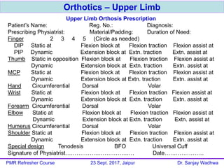 Orthotics – Upper Limb
PMR Refresher Course 23 Sept. 2017, Jaipur Dr. Sanjay Wadhwa
Upper Limb Orthosis Prescription
Patient’s Name: Reg. No.: Diagnosis:
Prescribing Physiatrist: Material/Padding: Duration of Need:
Finger 2 3 4 5 (Circle as needed)
DIP Static at Flexion block at Flexion traction Flexion assist at
PIP Dynamic Extension block at Extn. traction Extn. assist at
Thumb Static in opposition Flexion block at Flexion traction Flexion assist at
Dynamic Extension block at Extn. traction Extn. assist at
MCP Static at Flexion block at Flexion traction Flexion assist at
Dynamic Extension block at Extn. traction Extn. assist at
Hand Circumferential Dorsal Volar
Wrist Static at Flexion block at Flexion traction Flexion assist at
Dynamic Extension block at Extn. traction Extn. assist at
Forearm Circumferential Dorsal Volar
Elbow Static at Flexion block at Flexion traction Flexion assist at
Dynamic Extension block at Extn. traction Extn. assist at
Humerus Circumferential Dorsal Volar
Shoulder Static at Flexion block at Flexion traction Flexion assist at
Dynamic Extension block at Extn. traction Extn. assist at
Special design Tenodesis BFO Universal Cuff
Signature of Physiatrist………………………………. Date…………………
 