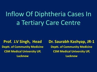 Inflow Of Diphtheria Cases In a Tertiary Care Centre Prof.  J.V Singh,  Head      Deptt. of Community Medicine CSM Medical University UP,  Lucknow Dr. Saurabh Kashyap, JR-1  Deptt. of Community Medicine CSM Medical University UP,  Lucknow 