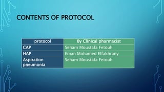 CONTENTS OF PROTOCOL
protocol By Clinical pharmacist
CAP Seham Moustafa Fetouh
HAP Eman Mohamed Elfakhrany
Aspiration
pneumonia
Seham Moustafa Fetouh
 