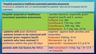 Hospital-acquired or healthcare-
associated aspiration pneumonia
aerobic bacteria, especially gram-
negative bacilli and S. aureus
Cefepim 2 g /8hr
Levofloxacin 750 mg /24hr
Ciprofloxacin 400 mg /8hr
Gentamycin 5-7 mg /kg /24 hr
-patients with poor dentition
-patients known to be colonized with
resistant gram-negative bacilli
-patients who have received IV
antibiotics within the past 90 days
regimen against both aerobes and
anaerobes
Imipenem 500mg /6 hr
Meropenem 1g /8 hr
piperacillin –tazobactam 4.5 g/6 hr
patients with risk factors for MRSA Add vancomycin 15mg /kg / 8-12 h
or linezolid
•Hospital-acquired or healthcare-associated aspiration pneumonia
Prophylactic antibiotic are not recommended for patients who are at increased risk for
aspiration.
 