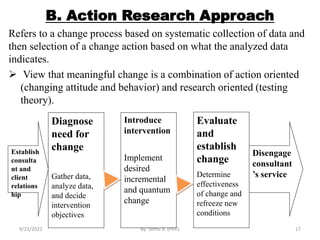 B. Action Research Approach
Refers to a change process based on systematic collection of data and
then selection of a change action based on what the analyzed data
indicates.
 View that meaningful change is a combination of action oriented
(changing attitude and behavior) and research oriented (testing
theory).
Diagnose
need for
change
Gather data,
analyze data,
and decide
intervention
objectives
Introduce
intervention
Implement
desired
incremental
and quantum
change
Evaluate
and
establish
change
Determine
effectiveness
of change and
refreeze new
conditions
Establish
consulta
nt and
client
relations
hip
Disengage
consultant
’s service
9/23/2022 By: Semu B. (PhD) 17
 