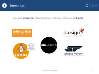 Entreprises
6
3
Digital race - Serious game
Quelques entreprises (développement, édition et diffusion) en France
 