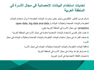 ‫استخدام‬ ‫تحديات‬
‫األسرة‬ ‫مجال‬ ‫في‬ ‫اإلحصائية‬ ‫البيانات‬
‫في‬
‫العربية‬ ‫المنطقة‬
‫استخد‬ ‫يزال‬ ‫ال‬ ‫المفتوحة‬ ‫البيانات‬ ‫مبادرات‬ ‫بعض‬ ‫وتوفر‬ ‫التكنلوجي‬ ‫التطور‬ ‫من‬ ‫بالرغم‬
‫البيانات‬ ‫ام‬
‫البيانات‬ ‫وتحليالت‬ ‫الضخمة‬ ‫والبيانات‬ ‫المفتوحة‬
(
open data, big data and data
analytics
)
‫بطيء‬ ‫العربية‬ ‫المنطقة‬ ‫في‬ ‫األسرة‬ ‫مجال‬ ‫في‬
‫العرب‬ ‫المنطقة‬ ‫في‬ ‫األسرة‬ ‫مجال‬ ‫في‬ ‫خاصة‬ ‫الشخصية‬ ‫البيانات‬ ‫الستخدام‬ ‫قانوني‬ ‫إطار‬ ‫غياب‬
‫ية‬
‫البي‬ ‫وتحليالت‬ ‫الضخمة‬ ‫والبيانات‬ ‫المفتوحة‬ ‫البيانات‬ ‫استخدام‬ ‫مجال‬ ‫في‬ ‫القدرات‬ ‫ضعف‬
‫مجال‬ ‫في‬ ‫انات‬
‫األسرة‬
‫األسرة‬ ‫مجال‬ ‫في‬ ‫البيانات‬ ‫وتحليالت‬ ‫الضخمة‬ ‫والبيانات‬ ‫المفتوحة‬ ‫البيانات‬ ‫كلفة‬
‫توفر‬ ‫عدم‬
‫قواعد‬
‫العربية‬ ‫المنطقة‬ ‫في‬ ‫األسرة‬ ‫مجال‬ ‫في‬ ‫بيانات‬
‫العربية‬ ‫الدول‬ ‫في‬ ‫االجتماعية‬ ‫الثقافة‬ ‫تحديات‬
.
 
