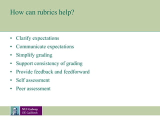 How can rubrics help?
• Clarify expectations
• Communicate expectations
• Simplify grading
• Support consistency of gradin...