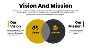 Vision And Mission
Our expertise enables us to help our clients solve problems strategically and effectively in and
mobilize talent with speed and flexibility, nurture innovative leaders, and create an
environment focused on business ethics and principles.
.
Mission
Vision
Our
Vision
Our
Mission
To open up the potential in our
clients through providing
resources to enhance their
businesses and self.
To activate an idividuals'
passion, potential, and
purpose.
 