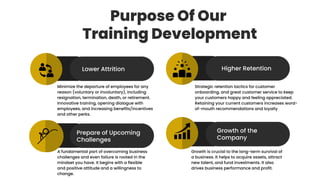 Purpose Of Our
Training Development
Lower Attrition
Prepare of Upcoming
Challenges
Higher Retention
Growth of the
Company
Minimize the departure of employees for any
reason (voluntary or involuntary), including
resignation, termination, death, or retirement.
Innovative training, opening dialogue with
employees, and increasing benefits/incentives
and other perks.
A fundamental part of overcoming business
challenges and even failure is rooted in the
mindset you have. It begins with a flexible
and positive attitude and a willingness to
change.
Growth is crucial to the long-term survival of
a business. It helps to acquire assets, attract
new talent, and fund investments. It also
drives business performance and profit.
Strategic retention tactics for customer
onboarding, and great customer service to keep
your customers happy and feeling appreciated.
Retaining your current customers increases word-
of-mouth recommendations and loyalty
 