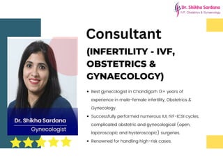 (INFERTILITY - IVF,
OBSTETRICS &
GYNAECOLOGY)
Best gynecologist in Chandigarh 13+ years of
experience in male-female infertility, Obstetrics &
Gynecology.
Successfully performed numerous IUI, IVF-ICSI cycles,
complicated obstetric and gynecological (open,
laparoscopic and hysteroscopic) surgeries.
Renowned for handling high-risk cases.
Consultant
 