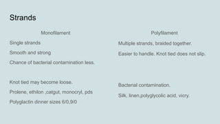Strands
Monofilament
Single strands
Smooth and strong
Chance of bacterial contamination less.
Knot tied may become loose.
Prolene, ethilon ,catgut, monocryl, pds
Polyglactin dinner sizes 6/0,9/0
Polyfilament
Multiple strands, braided together.
Easier to handle. Knot tied does not slip.
Bacterial contamination.
Silk, linen,polyglycolic acid, vicry.
 