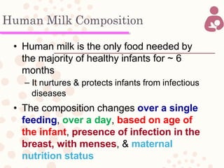 Human Milk Composition
• Human milk is the only food needed by
the majority of healthy infants for ~ 6
months
– It nurtures & protects infants from infectious
diseases
• The composition changes over a single
feeding, over a day, based on age of
the infant, presence of infection in the
breast, with menses, & maternal
nutrition status
 