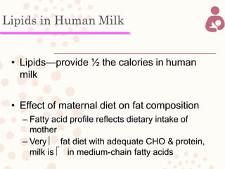 Lipids in Human Milk
• Lipids—provide ½ the calories in human
milk
• Effect of maternal diet on fat composition
– Fatty acid profile reflects dietary intake of
mother
– Very  fat diet with adequate CHO & protein,
milk is  in medium-chain fatty acids
 