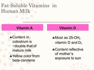 Fat-Soluble Vitamins in
Human Milk
Vitamin A
Content in
colostrum is
~double that of
mature milk
Yellow color from
beta-carotene
Vitamin D
Most as 25-OH2
vitamin D and D3
Content reflective
of mother’s
exposure to sun
 