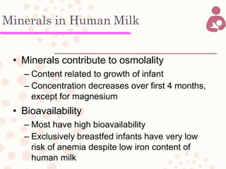 Minerals in Human Milk
• Minerals contribute to osmolality
– Content related to growth of infant
– Concentration decreases over first 4 months,
except for magnesium
• Bioavailability
– Most have high bioavailability
– Exclusively breastfed infants have very low
risk of anemia despite low iron content of
human milk
 
