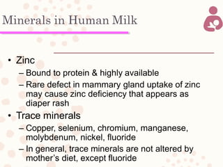 Minerals in Human Milk
• Zinc
– Bound to protein & highly available
– Rare defect in mammary gland uptake of zinc
may cause zinc deficiency that appears as
diaper rash
• Trace minerals
– Copper, selenium, chromium, manganese,
molybdenum, nickel, fluoride
– In general, trace minerals are not altered by
mother’s diet, except fluoride
 