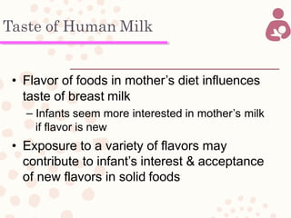 Taste of Human Milk
• Flavor of foods in mother’s diet influences
taste of breast milk
– Infants seem more interested in mother’s milk
if flavor is new
• Exposure to a variety of flavors may
contribute to infant’s interest & acceptance
of new flavors in solid foods
 