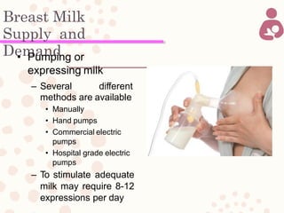 Breast Milk
Supply and
Demand• Pumping or
expressing milk
– Several different
methods are available
• Manually
• Hand pumps
• Commercial electric
pumps
• Hospital grade electric
pumps
– To stimulate adequate
milk may require 8-12
expressions per day
 