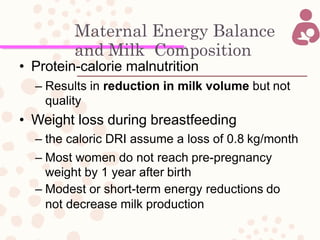 Maternal Energy Balance
and Milk Composition
• Protein-calorie malnutrition
– Results in reduction in milk volume but not
quality
• Weight loss during breastfeeding
– the caloric DRI assume a loss of 0.8 kg/month
– Most women do not reach pre-pregnancy
weight by 1 year after birth
– Modest or short-term energy reductions do
not decrease milk production
 
