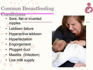 Common Breastfeeding
Conditions
• Sore, flat or inverted
nipples
• Letdown failure
• Hyperactive letdown
• Hyperlactation
• Engorgement
• Plugged duct
• Mastitis (Infection)
• Low milk supply
 