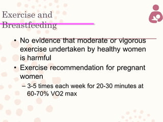 Exercise and
Breastfeeding
• No evidence that moderate or vigorous
exercise undertaken by healthy women
is harmful
• Exercise recommendation for pregnant
women
– 3-5 times each week for 20-30 minutes at
60-70% VO2 max
 