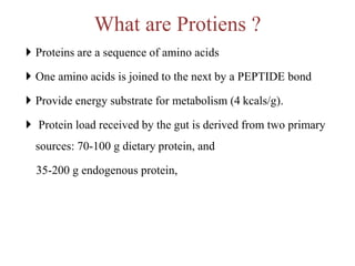 What are Protiens ?
 Proteins are a sequence of amino acids
 One amino acids is joined to the next by a PEPTIDE bond
 Provide energy substrate for metabolism (4 kcals/g).
 Protein load received by the gut is derived from two primary
sources: 70-100 g dietary protein, and
35-200 g endogenous protein,
 