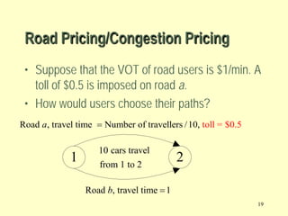 Road Pricing/Congestion Pricing
• Suppose that the VOT of road users is $1/min. A
toll of $0.5 is imposed on road a.
• How would users choose their paths?
Road a, travel time = Number of travellers / 10, toll = $0.5

1

10 cars travel
from 1 to 2

2

Road b, travel time = 1
19

 