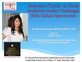 Dr Shuba Dharmana M.B.B.S, M.R.C.G.P,
D.F.F.P,
D.P.D ( U.K)
Cosmetic Dermatologist Laser specialist
Hair Transplantation Surgeon
5th Annual Pharmaceutical Leadership Summit & Business
Leadership Awards 2012, Friday, 21st Sept, Mumbai, India
 