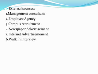 External sources:
1.Management consultant
2.Employee Agency
3.Campus recruitment
4.Newspaper Advertisement
5.Internet Advertisemenent
6.Walk in interview
 