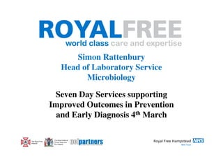 Simon Rattenbury
                          Head of Laboratory Service
                                Microbiology

                  Seven Day Services supporting
                 Improved Outcomes in Prevention
                   and Early Diagnosis 4th March

                  The Royal National
The Royal Free    Throat, Nose and
Hospital          Ear Hospital
 
