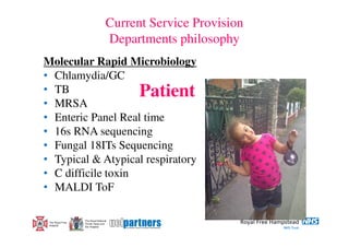 Current Service Provision
                                   Departments philosophy
Molecular Rapid Microbiology
• Chlamydia/GC
• TB                Patient
• MRSA
• Enteric Panel Real time
• 16s RNA sequencing
• Fungal 18ITs Sequencing
• Typical & Atypical respiratory
• C difficile toxin
• MALDI ToF

                  The Royal National
 The Royal Free   Throat, Nose and
 Hospital         Ear Hospital
 