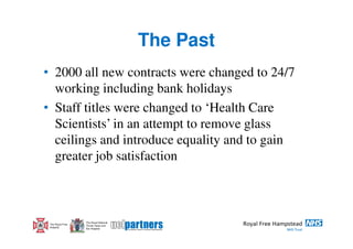 The Past
• 2000 all new contracts were changed to 24/7
  working including bank holidays
• Staff titles were changed to ‘Health Care
  Scientists’ in an attempt to remove glass
  ceilings and introduce equality and to gain
  greater job satisfaction



                  The Royal National
 The Royal Free   Throat, Nose and
 Hospital         Ear Hospital
 