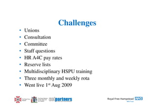 Challenges
•       Unions
•       Consultation
•       Committee
•       Staff questions
•       HR A4C pay rates
•       Reserve lists
•       Multidisciplinary HSPU training
•       Three monthly and weekly rota
•       Went live 1st Aug 2009

                     The Royal National
    The Royal Free   Throat, Nose and
    Hospital         Ear Hospital
 