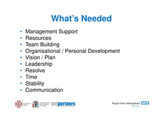 What’s Needed
•       Management Support
•       Resources
•       Team Building
•       Organisational / Personal Development
•       Vision / Plan
•       Leadership
•       Resolve
•       Time
•       Stability
•       Communication

                     The Royal National
    The Royal Free   Throat, Nose and
    Hospital         Ear Hospital
 