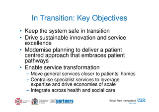 In Transition: Key Objectives
• Keep the system safe in transition
• Drive sustainable innovation and service
  excellence
• Modernise planning to deliver a patient
  centred approach that embraces patient
  pathways
• Enable service transformation
        – Move general services closer to patients’ homes
        – Centralise specialist services to leverage
          expertise and drive economies of scale
        – Integrate across health and social care
                    The Royal National
 The Royal Free     Throat, Nose and
 Hospital           Ear Hospital
 