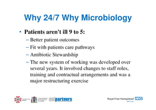 Why 24/7 Why Microbiology
• Patients aren't ill 9 to 5:
        – Better patient outcomes
        – Fit with patients care pathways
        – Antibiotic Stewardship
        – The new system of working was developed over
          several years. It involved changes to staff roles,
          training and contractual arrangements and was a
          major restructuring exercise


                  The Royal National
 The Royal Free   Throat, Nose and
 Hospital         Ear Hospital
 