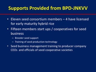 Supports Provided from BPD-JNKVV
• Eleven seed consortium members – 4 have licensed
  for early maturity hybrid rice
• Fifteen members start ups / cooperatives for seed
  business
   – Breeder seed support
   – Training of seed production technology
• Seed business management training to producer company
  CEOs and officials of seed cooperative societies
 