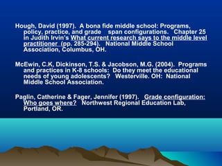 Hough, David (1997). A bona fide middle school: Programs,
policy, practice, and grade span configurations. Chapter 25
in Judith Irvin’s What current research says to the middle level
practitioner (pp. 285-294). National Middle School
Association, Columbus, OH.
McEwin, C.K, Dickinson, T.S. & Jacobson, M.G. (2004). Programs
and practices in K-8 schools: Do they meet the educational
needs of young adolescents? Westerville. OH: National
Middle School Association.
Paglin, Catherine & Fager, Jennifer (1997). Grade configuration:
Who goes where? Northwest Regional Education Lab,
Portland, OR.

 