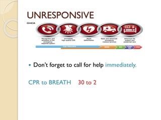 UNRESPONSIVE
 Don’t forget to call for help immediately.
CPR to BREATH 30 to 2
 