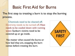 Basic First Aid for Burns
The first step to treating a burn is to stop the burning
process.
Chemicals need to be cleaned off.
Electricity needs to be turned off. Heat
needs to be cooled down with running
water. Sunburn victims need to be
covered up or go inside.
No matter what caused the burns or
how bad they are, stopping the burn
comes before treating the burn.
 