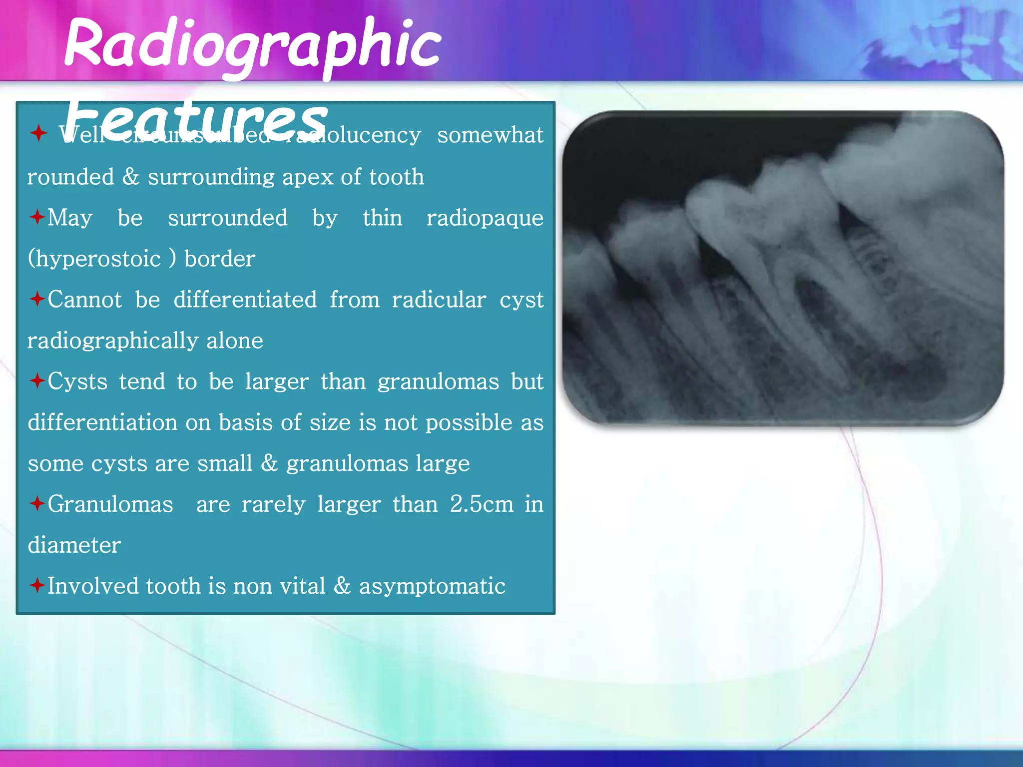  Well circumscribed radiolucency somewhat
rounded & surrounding apex of tooth
May be surrounded by thin radiopaque
(hyperostoic ) border
Cannot be differentiated from radicular cyst
radiographically alone
Cysts tend to be larger than granulomas but
differentiation on basis of size is not possible as
some cysts are small & granulomas large
Granulomas are rarely larger than 2.5cm in
diameter
Involved tooth is non vital & asymptomatic
Radiographic
Features
 