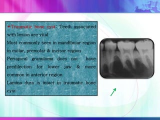Traumatic bone cyst: Teeth associated
with lesion are vital
Most commonly seen in mandibular region
in molar, premolar & incisor region
Periapical granuloma does not have
predilection for lower jaw & more
common in anterior region
Lamina dura is intact in traumatic bone
cyst
 