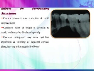 Effects On Surrounding
Structures
Causes extensive root resorption & tooth
displacement
Common point of origin is occlusal to
tooth; teeth may be displaced apically
Occlusal radiograph may show cyst like
expansion & thinning of adjacent cortical
plate, leaving a thin eggshell of bone
 