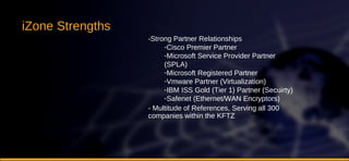 iZone Strengths -Strong Partner Relationships Cisco Premier Partner Microsoft Service Provider Partner (SPLA) Microsoft Registered Partner Vmware Partner (Virtualization) IBM ISS Gold (Tier 1) Partner (Secuirty) Safenet (Ethernet/WAN Encryptors) - Multitude of References, Serving all 300 companies within the KFTZ 