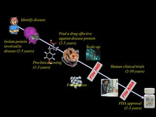 Drug Discovery & Development
Identify disease
Isolate protein
involved in
disease (2-5 years)
Find a drug effective
against disease protein
(2-5 years)
Preclinical testing
(1-3 years)
Formulation
Human clinical trials
(2-10 years)
Scale-up
FDA approval
(2-3 years)
 