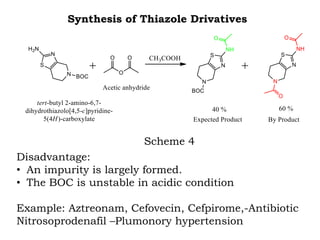 Synthesis of Thiazole Drivatives
Scheme 4
Disadvantage:
• An impurity is largely formed.
• The BOC is unstable in acidic condition
Example: Aztreonam, Cefovecin, Cefpirome,-Antibiotic
Nitrosoprodenafil –Plumonory hypertension
 