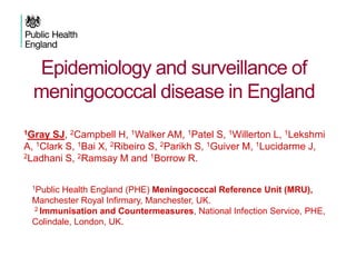 Epidemiology and surveillance of
meningococcal disease in England
1Gray SJ, 2Campbell H, 1Walker AM, 1Patel S, 1Willerton L, 1Lekshmi
A, 1Clark S, 1Bai X, 2Ribeiro S, 2Parikh S, 1Guiver M, 1Lucidarme J,
2Ladhani S, 2Ramsay M and 1Borrow R.
1Public Health England (PHE) Meningococcal Reference Unit (MRU),
Manchester Royal Infirmary, Manchester, UK.
2 Immunisation and Countermeasures, National Infection Service, PHE,
Colindale, London, UK.
 