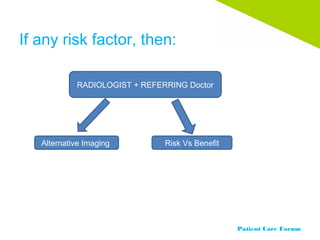 Patient Care Forum
If any risk factor, then:
RADIOLOGIST + REFERRING Doctor
Risk Vs BenefitAlternative Imaging
 